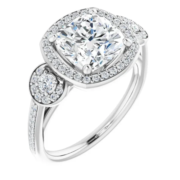 Cushion Bezel Halo Three Stone Engagement Ring